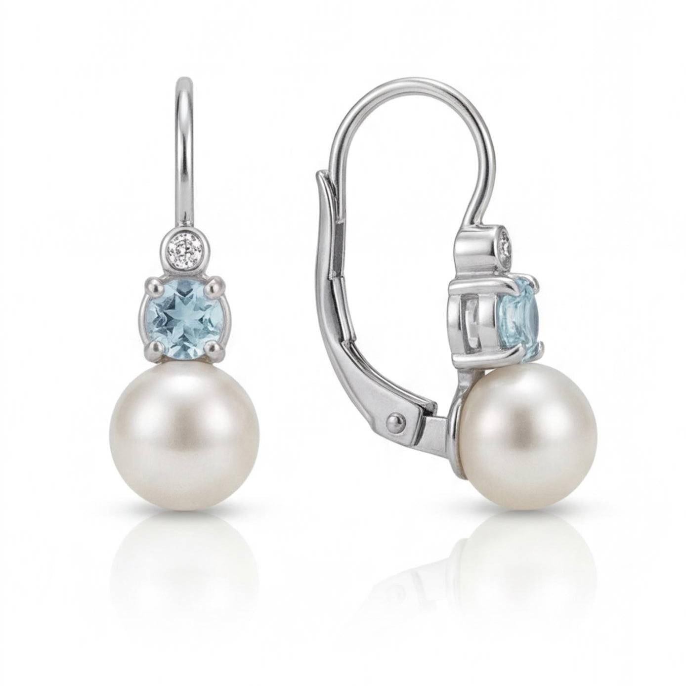 עגילי חישוק זהב 14K פנינה אבן תכלת ויהלום מק״ט 987