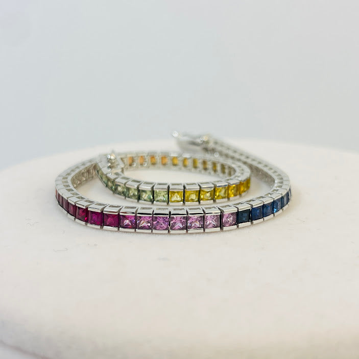 צמיד טניס זהב לבן 14K משובץ 3.00 קראט אבני חן ספיר צבעוניות מק"ט 273