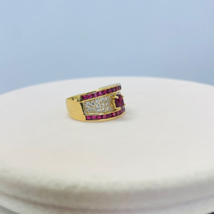 טבעת אבני רובי טבעיות 0.70 קראט ויהלומים טבעיים 0.25 קראט צבע F ניקיון VS זהב צהוב 14K מק"ט 589