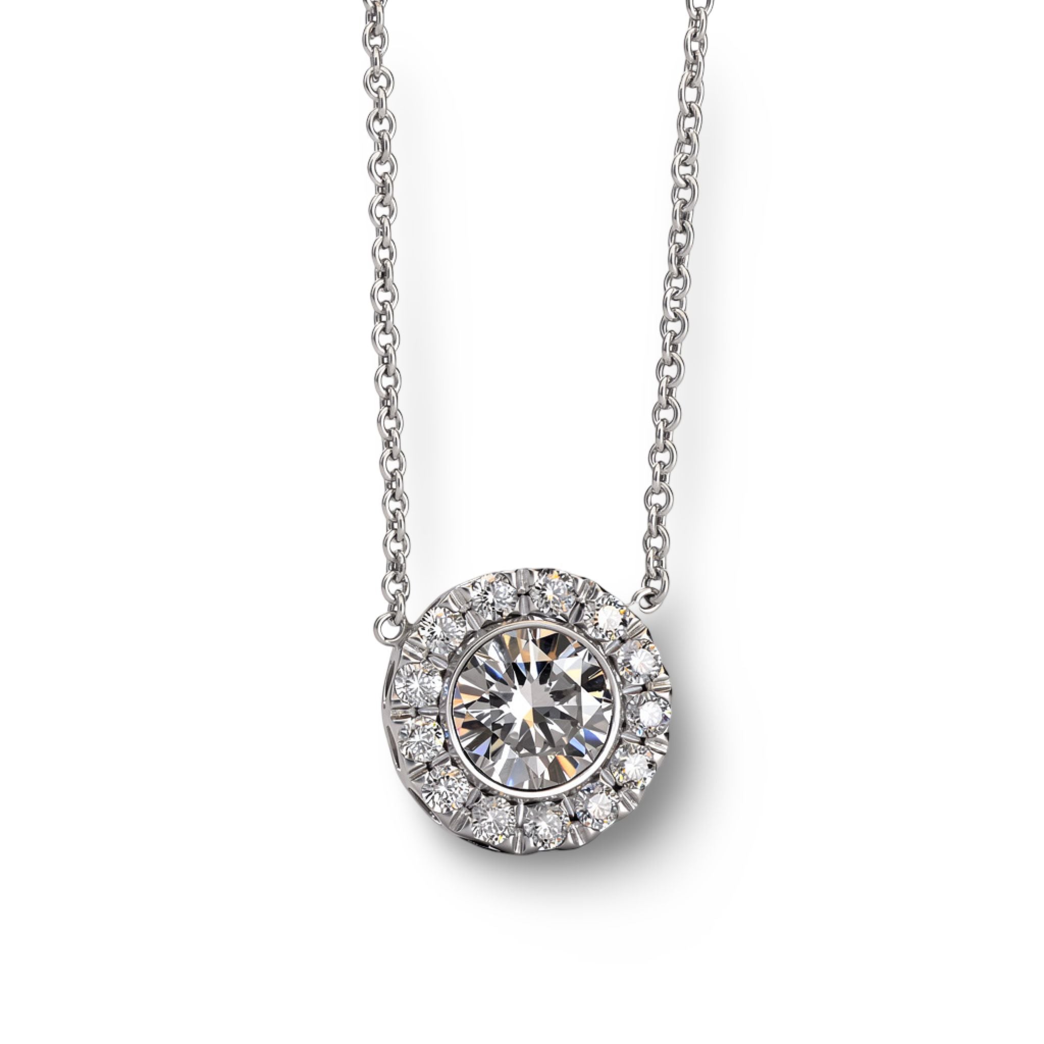 שרשרת יהלומים טבעיים שיבוץ היילו 0.55 קראט צבע F ניקיון VS זהב 14K לבן מק״ט Y14