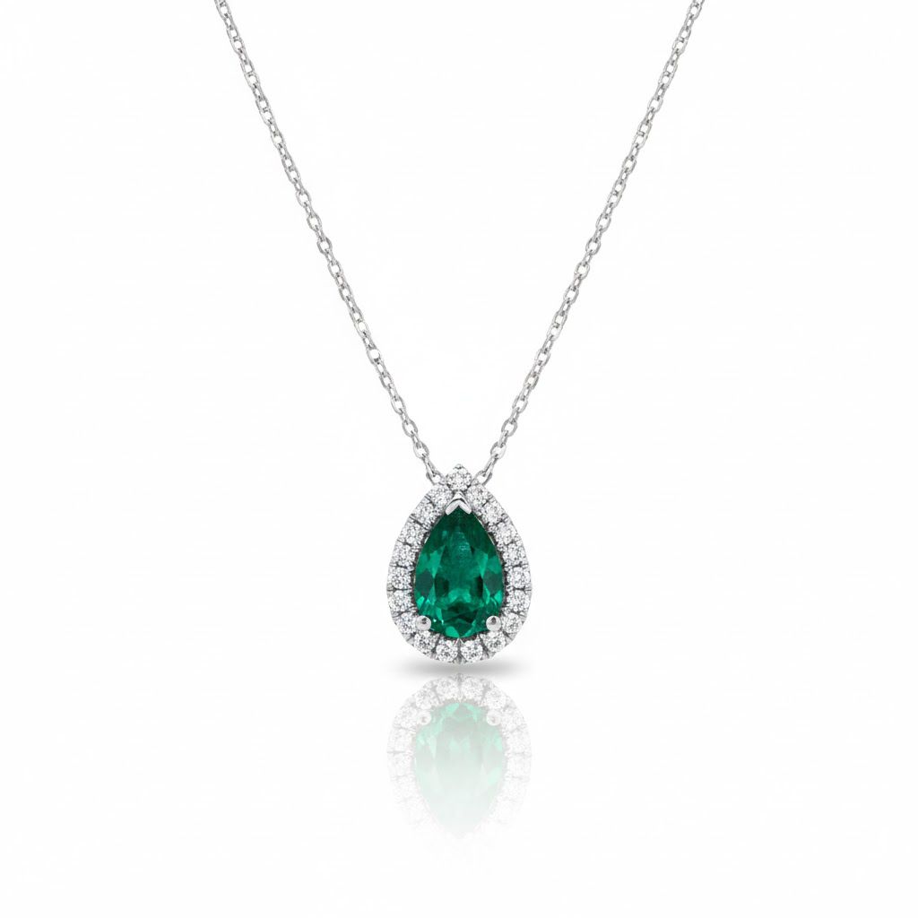 שרשרת אמרלד 0.86 קראט בשיבוץ היילו יהלומים טבעיים 0.27 קראט זהב 14K לבן מק״ט Y2