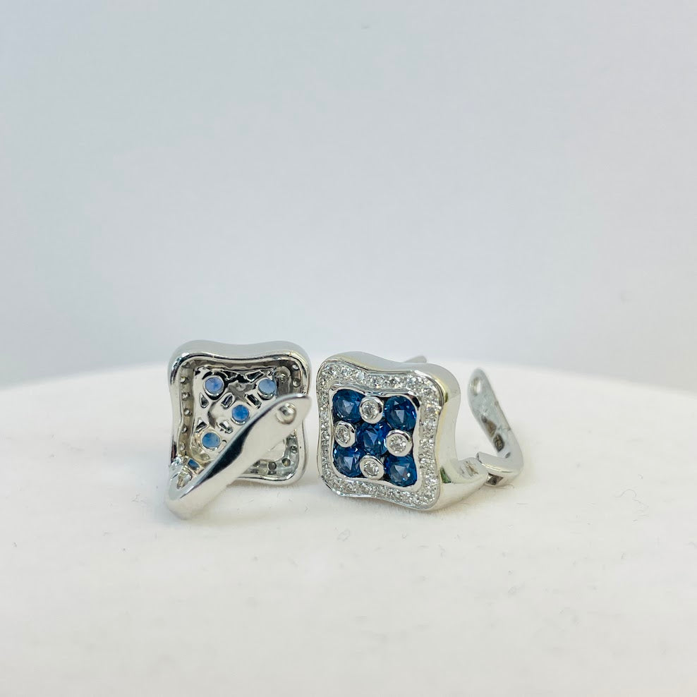 עגילי זהב לבן 18K משובצים 0.40 קראט יהלומים טבעיים צבע F נקיון VS ו0.90 קראט אבני חן ספיר מק"ט 147