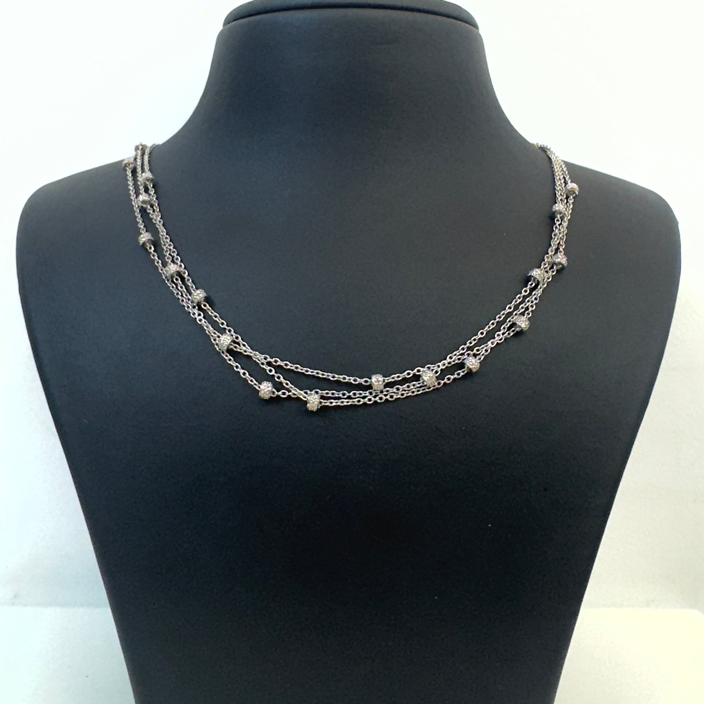 3 שרשראות מחוברות עם חרוזים משובצים ביהלומים טבעיים 1.00 קראט צבע F ניקיון VS זהב 14K לבן מק״ט 438