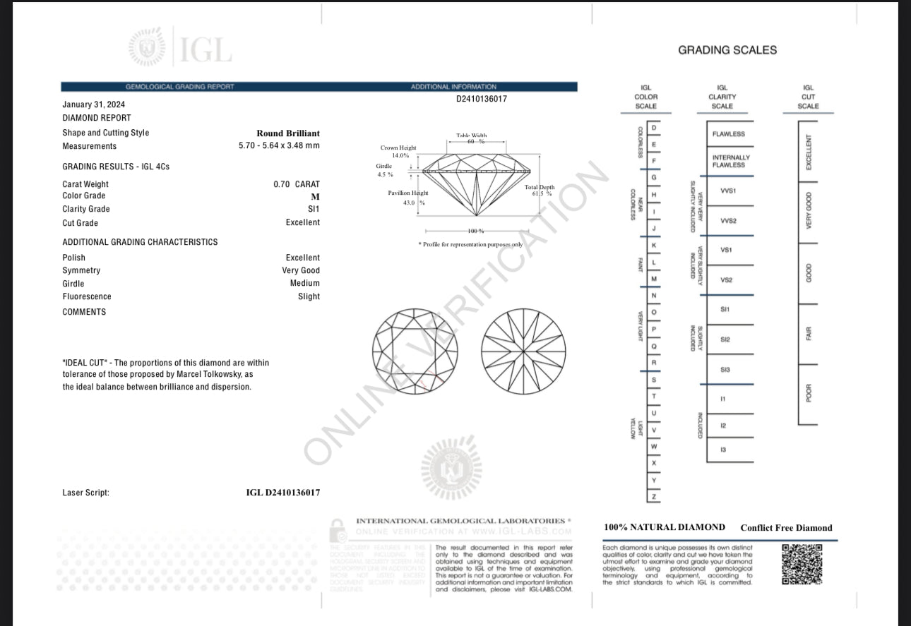 עגילי סוליטר יהלומים טבעיים 1.42 קראט צבע M ניקיון SI תעודת IGL זהב 14K צהוב מק״ט Y49