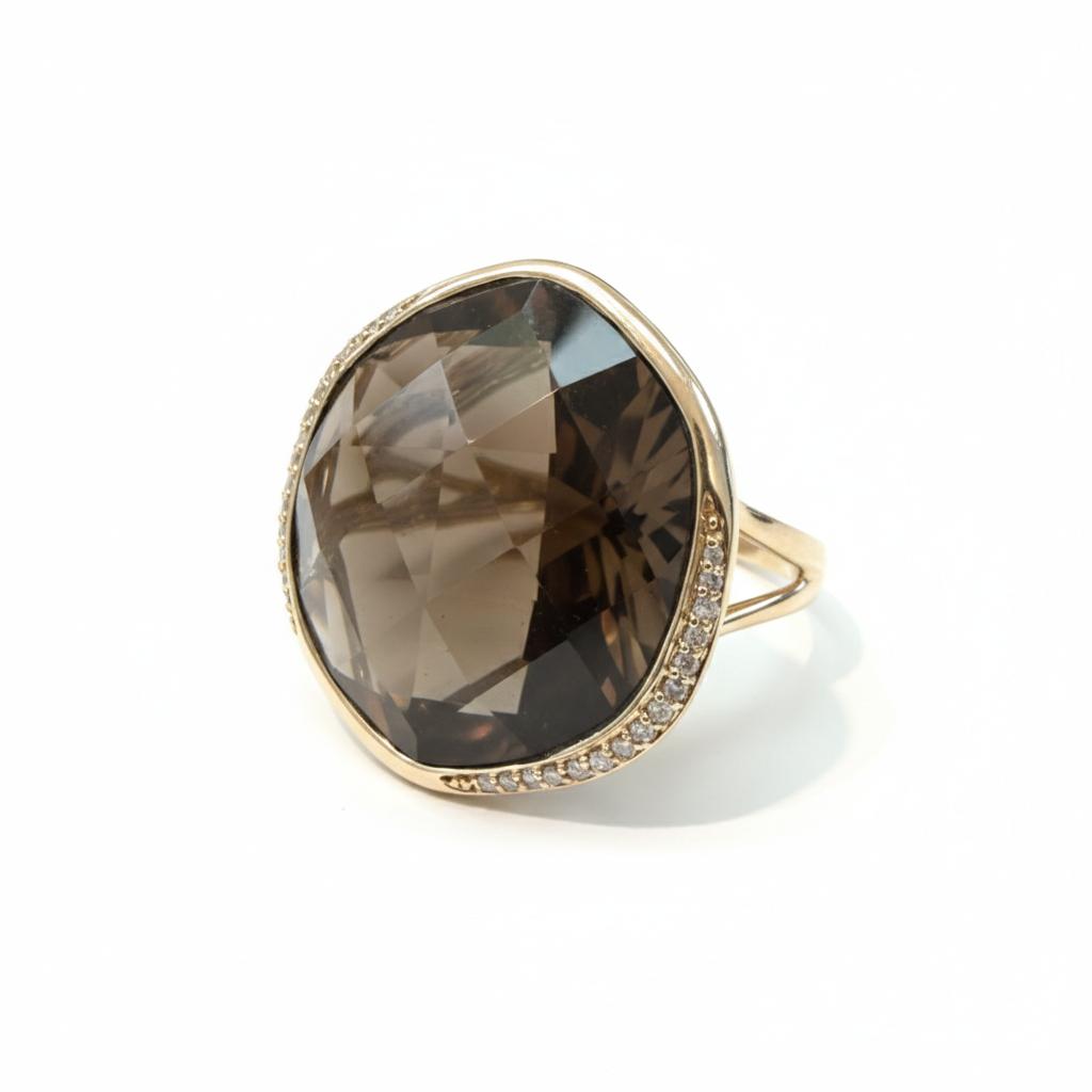 טבעת זהב 14K סמוקי קוורץ ויהלומים מק״ט MN3