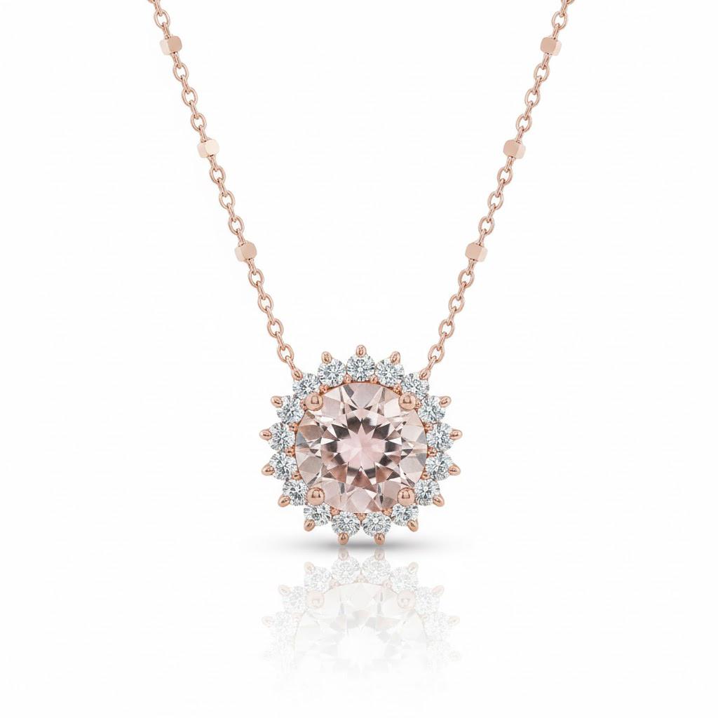 שרשרת משובצת באבן מורגנייט טבעית ויהלומים 0.27 קראט צבע F ניקיון VS זהב 14K רוז גולד מק״ט Y9