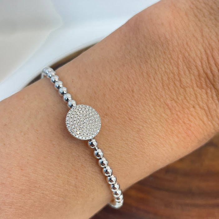 צמיד גמיש כדורי זהב לבן 14K משובץ 0.19 קראט יהלומים טבעיים צבע F נקיון VS מק"ט 382