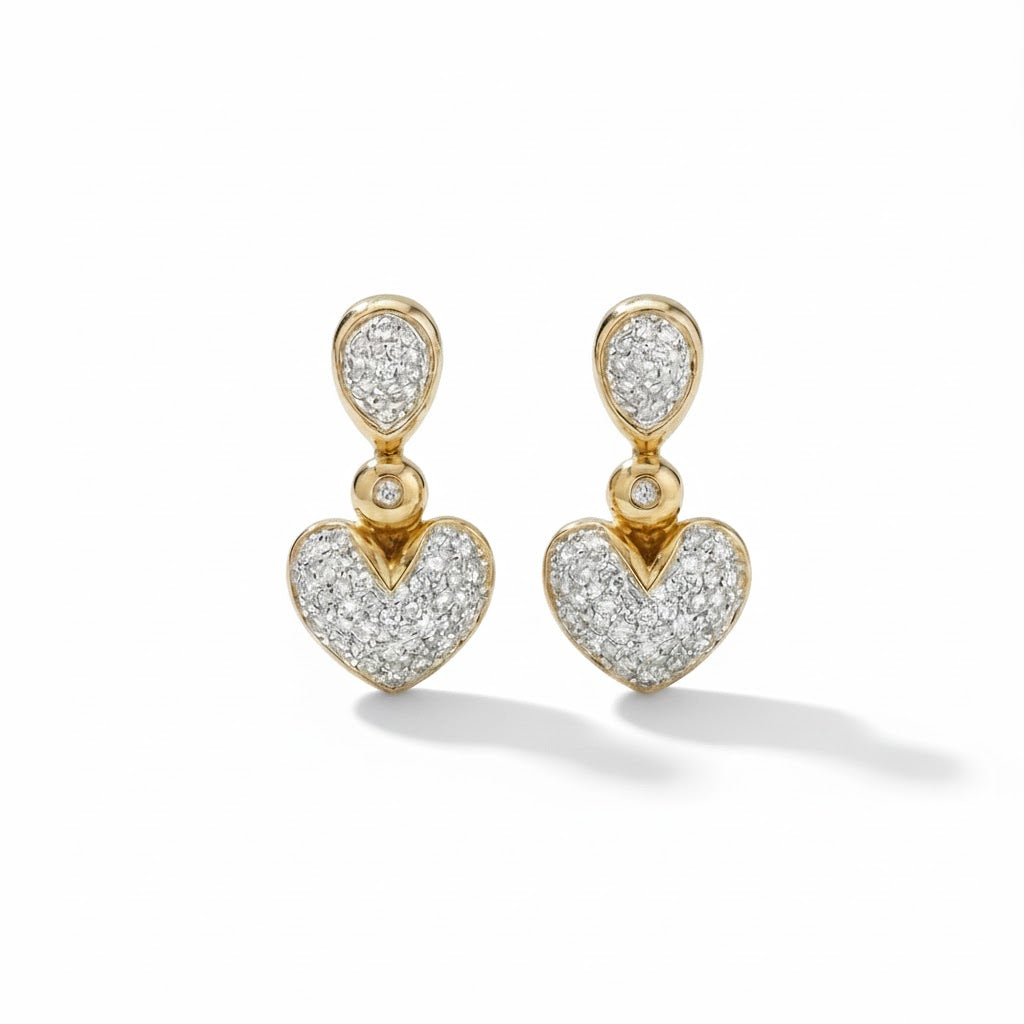 עגילי לבבות משובצים יהלומים טבעיים 0.65 קראט צבע F ניקיון VS זהב 18K צהוב מק״ט J127