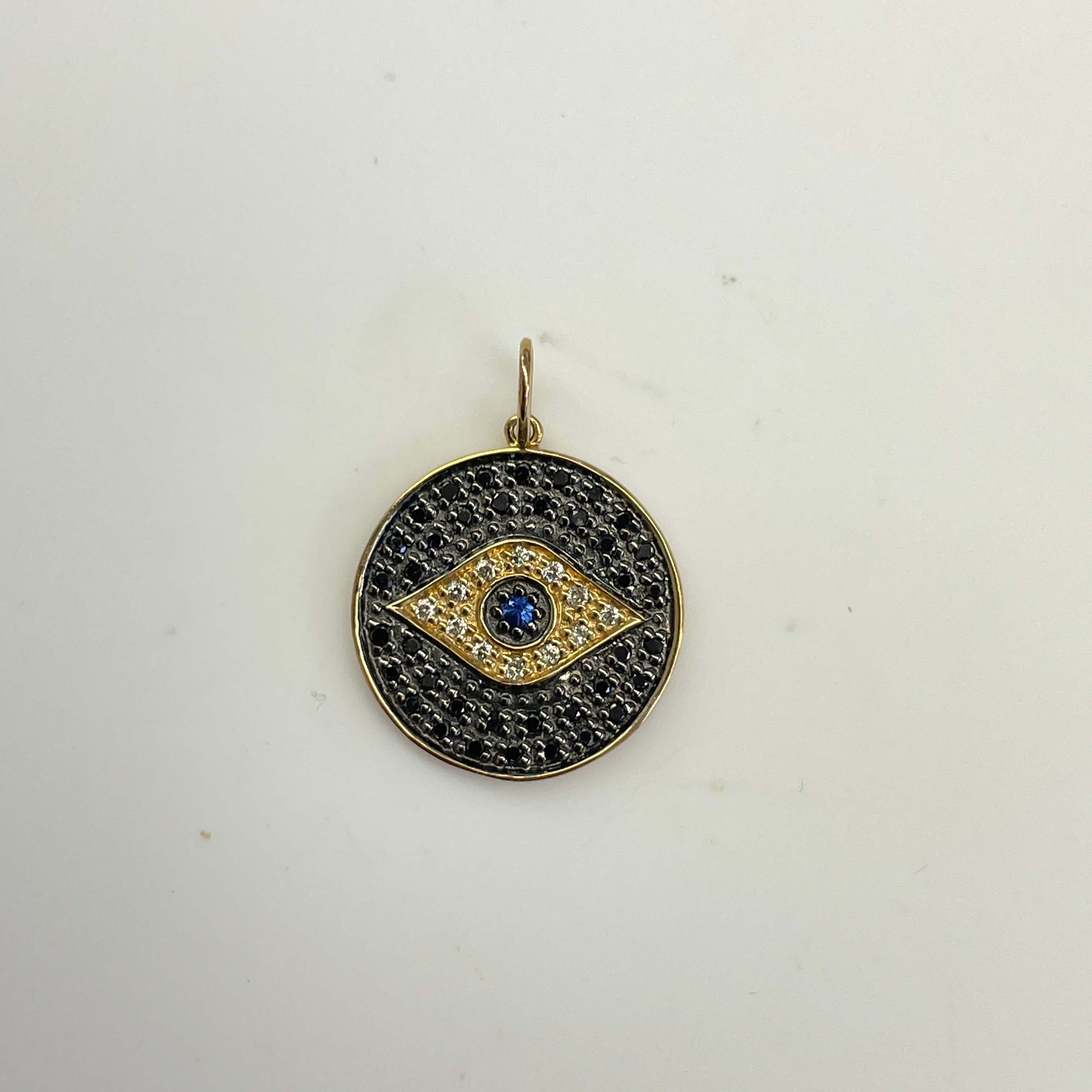 תליון עגול בצורת עין יהלומים שחורים ולבנים ואבן ספיר כחולה טבעיים 0.18 קראט יהלומים צבע F ניקיון VS זהב 14K צהוב מק״ט 629