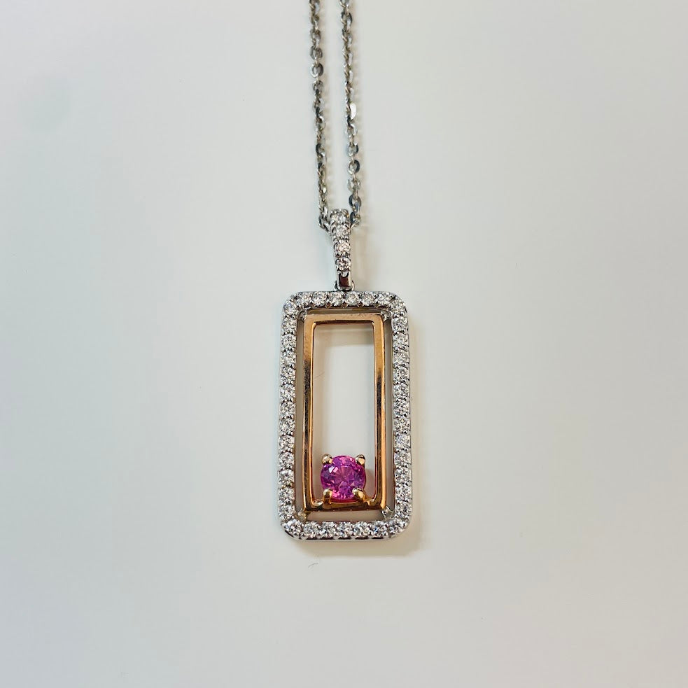 שרשרת זהב לבן 14K עם שילוב רוז גולד משובצת 0.35 קראט יהלומים טבעיים צבע F נקיון VS ואבן ספיר 0.55 קראטמ מק"ט 11