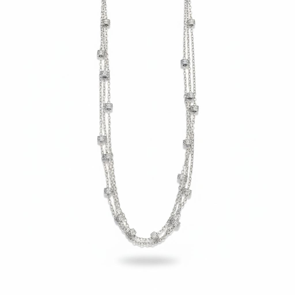 3 שרשראות מחוברות עם חרוזים משובצים ביהלומים טבעיים 1.00 קראט צבע F ניקיון VS זהב 14K לבן מק״ט 438