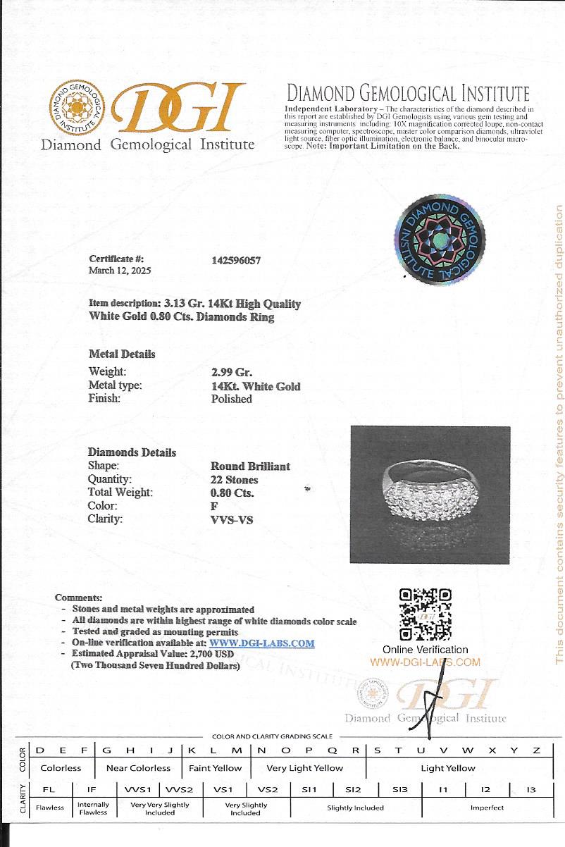 טבעת יהלומים 3 שורות 0.80 קראט יהלומים טבעיים צבע E ניקיון VS זהב לבן 14K מק"ט 155