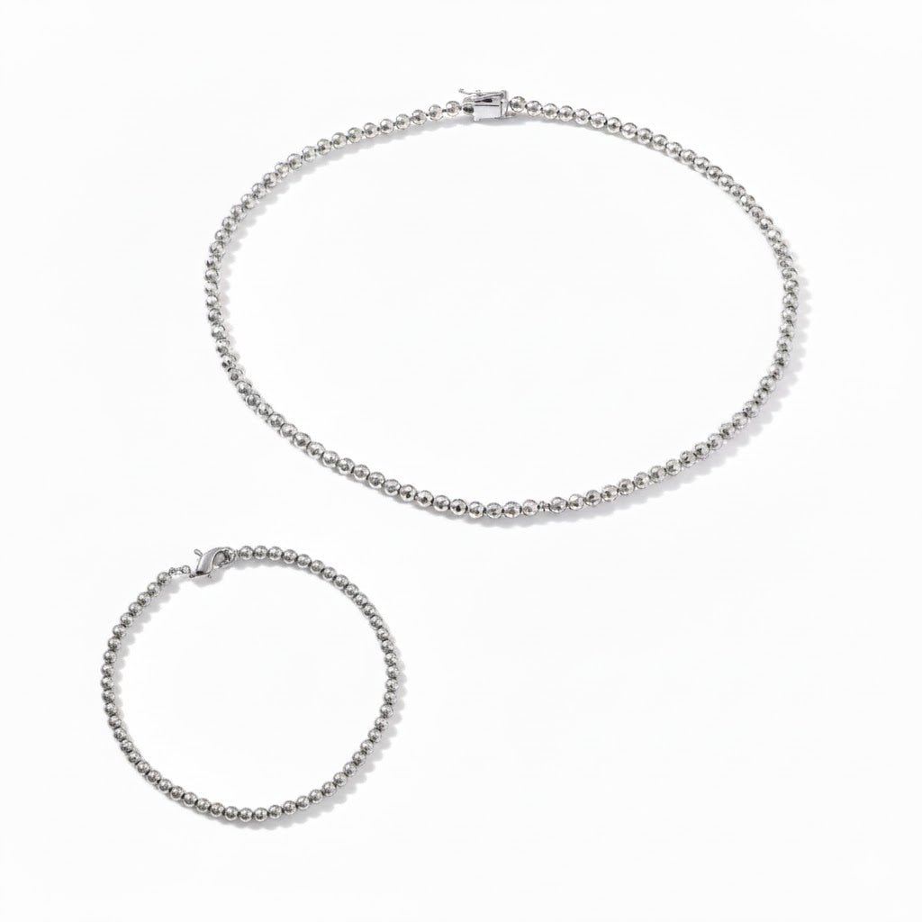 סט שרשרת וצמיד חרוזים בחיתוך לייזר זהב 14K לבן מק״ט E101