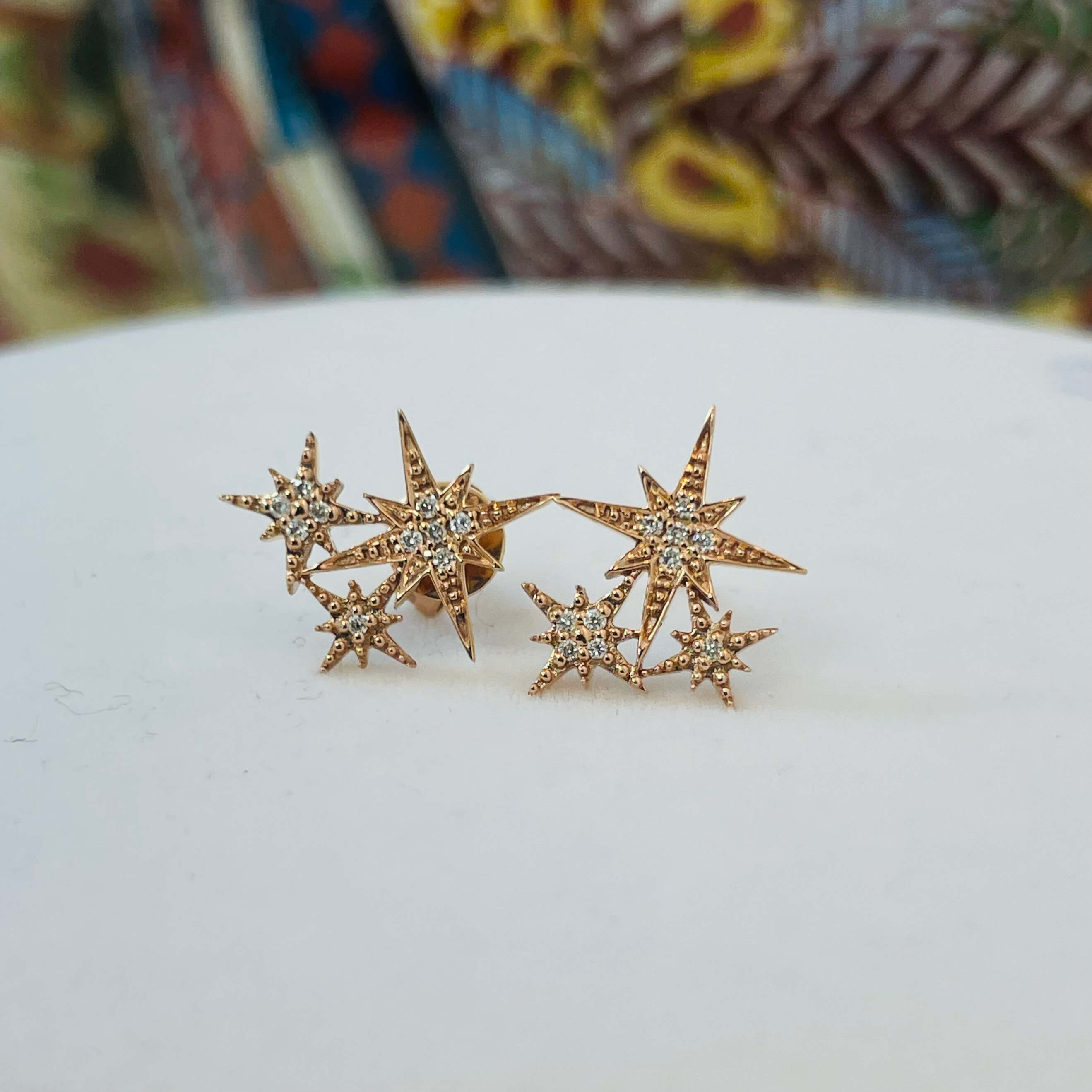 עגילים 3 כוכבים יהלומים טבעיים 0.08 קראט זהב 14K רוז גולד (מגיעים עם סוגרים) מק"ט 727