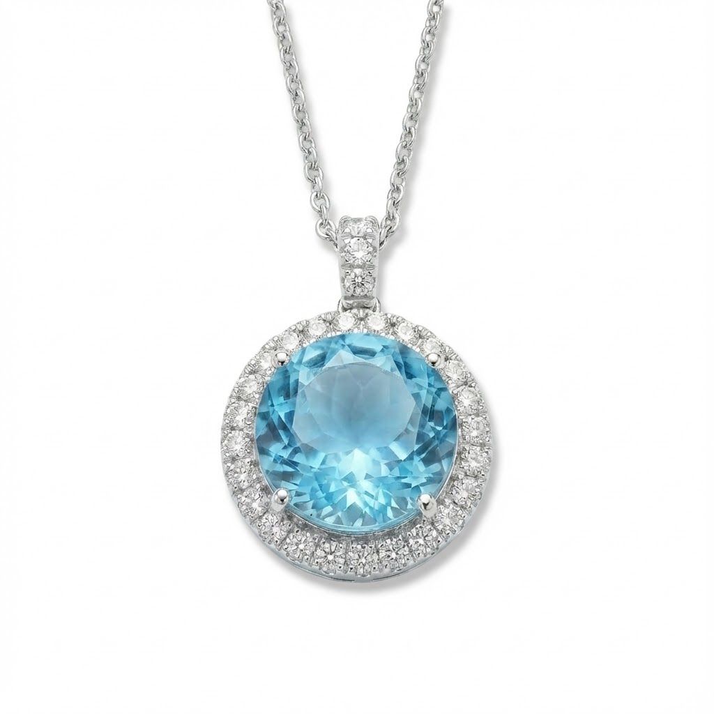 תליון היילו בלו טופז 3.5 קראט ויהלומים טבעיים מסביב 0.35 קראט צבע F ניקיון VS זהב 18K לבן מק״ט Y42