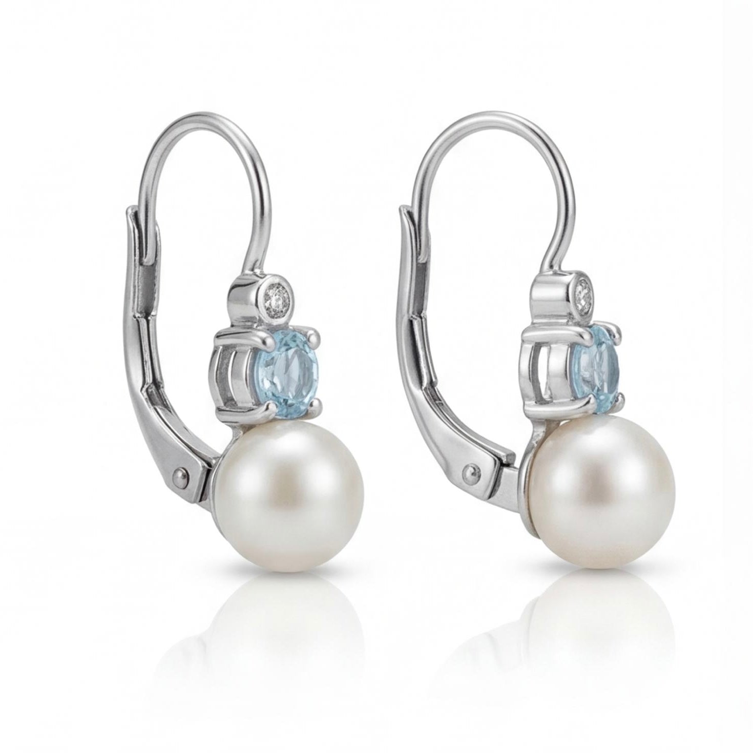 עגילי חישוק זהב 14K פנינה אבן תכלת ויהלום מק״ט 987