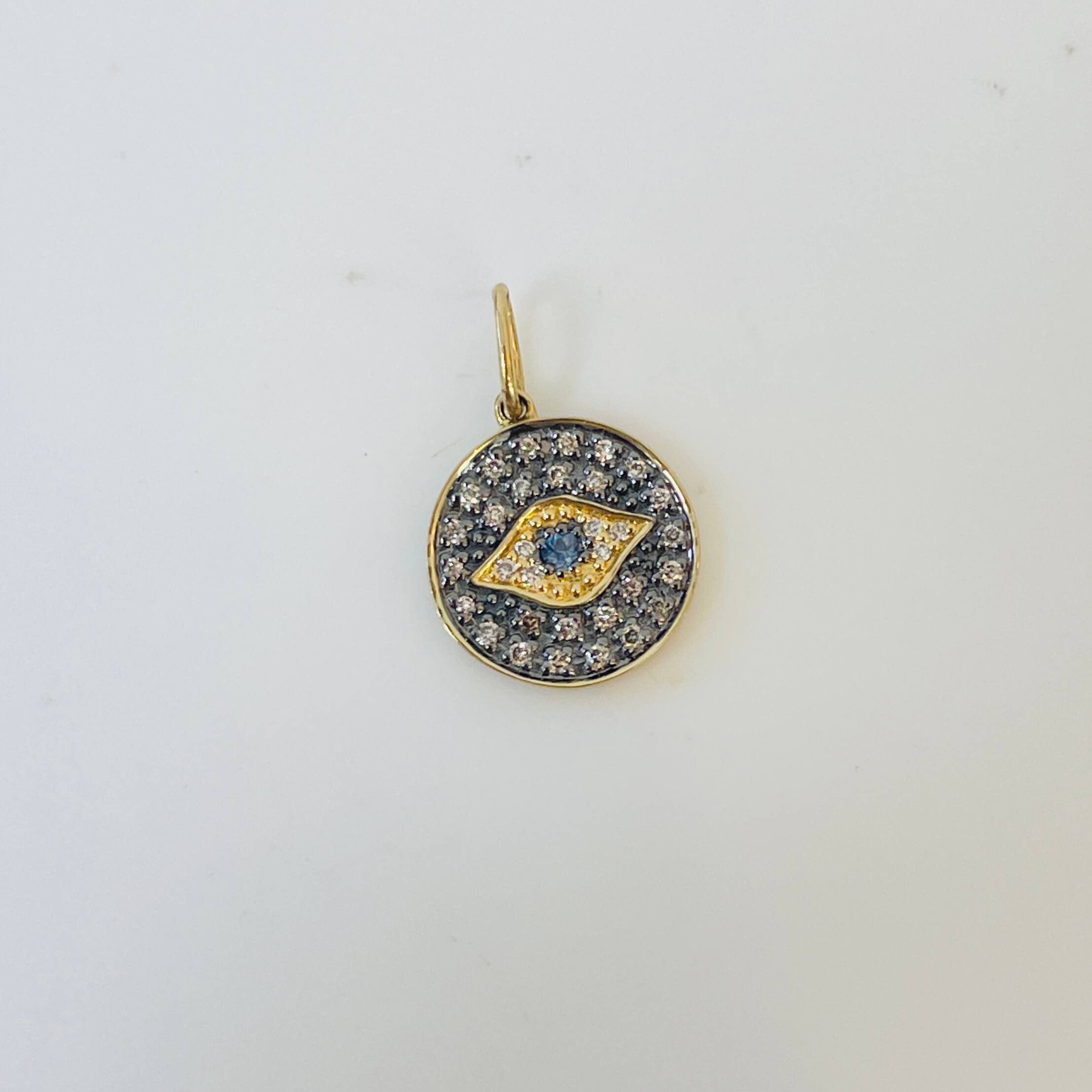 תליון עגול בצורת עין יהלומים ואבן ספיר כחולה טבעיים 0.11 קראט יהלומים צבע F ניקיון VS זהב 14K צהוב מק״ט 644