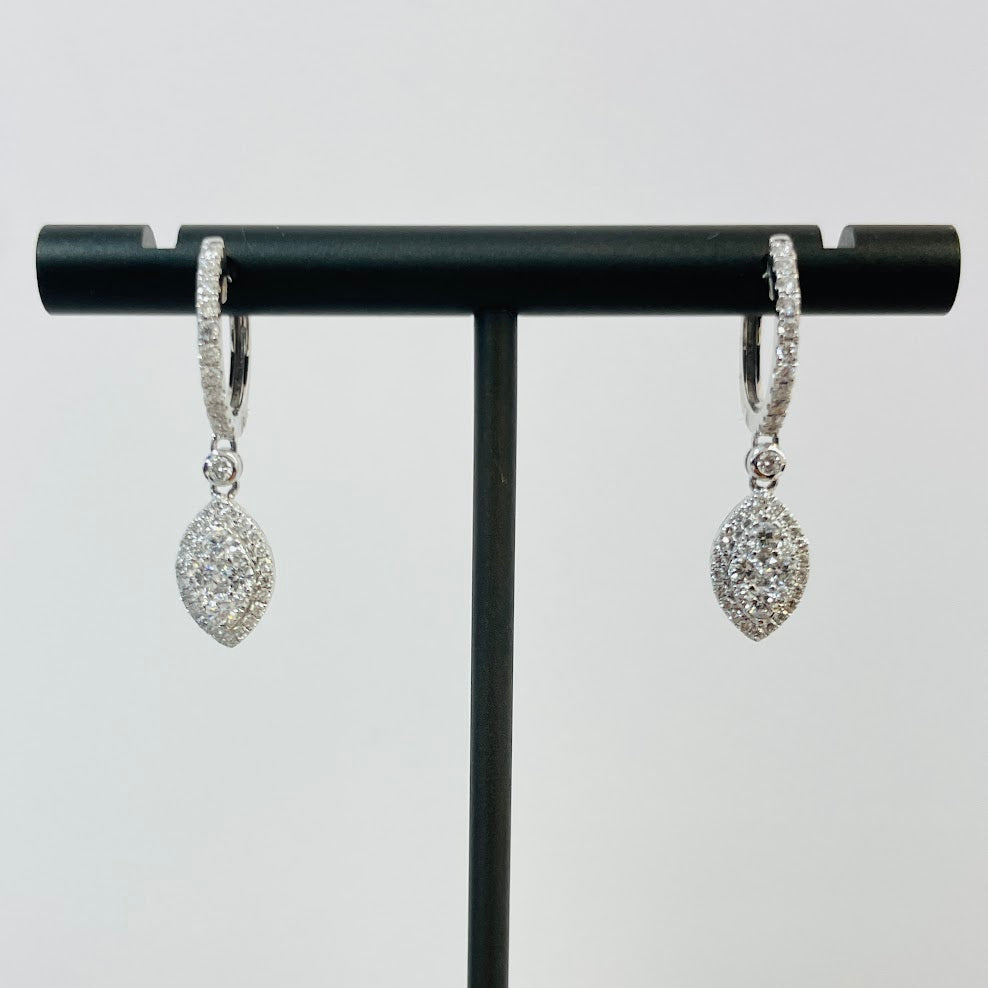 עגילים תלויים זהב לבן 14K משובצים 0.77 יהלומים טבעיים צבע F נקיון VS מק"ט 387