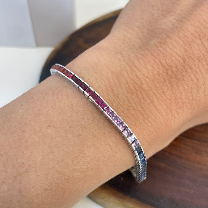 צמיד טניס זהב לבן 14K משובץ 3.00 קראט אבני חן ספיר צבעוניות מק"ט 273