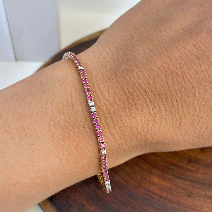 צמיד טניס זהב צהוב 18K משולב 0.30 קראט יהלומים טבעיים 3.00 קראט אבני חן רובי מק"ט 470