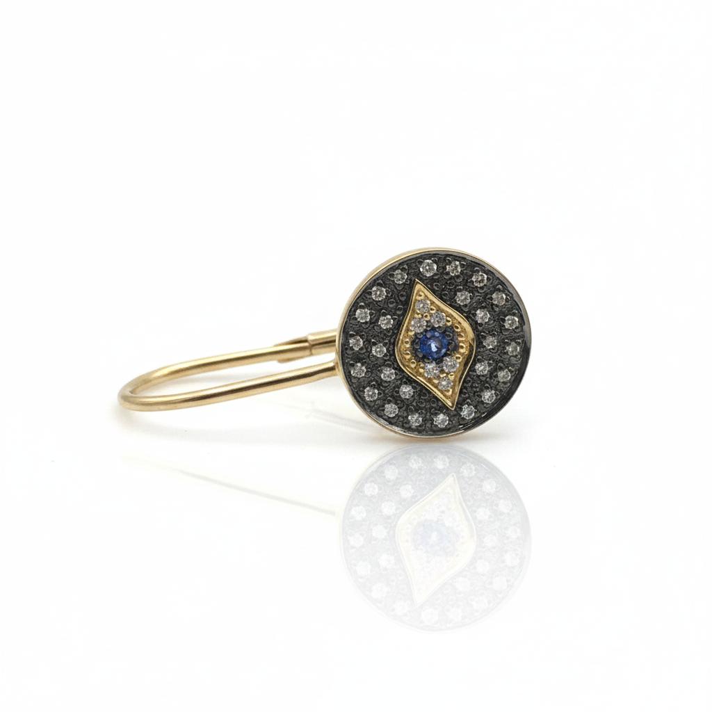 עגיל עגול בצורת עין יהלומים ואבן ספיר כחולה טבעיים 0.03 קראט יהלומים צבע F ניקיון VS זהב 14K צהוב מק״ט 773