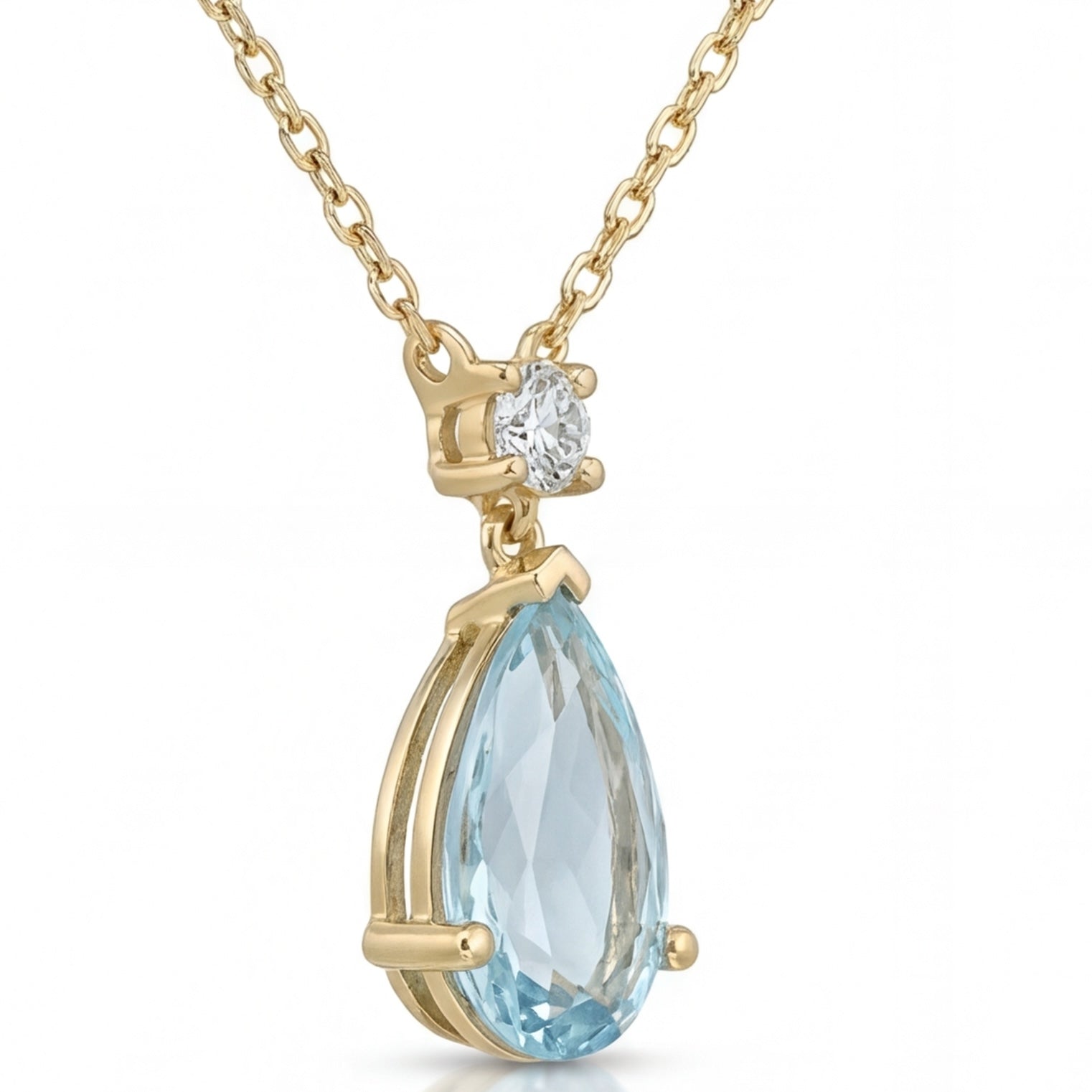 שרשרת זהב 14K צהוב אקוומרין טיפה ויהלום מק״ט 1009