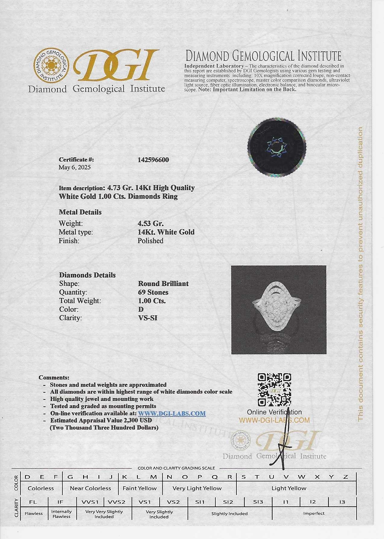 טבעת יהלומים טבעיים גדולה 1.00 קראט צבע D ניקיון VS זהב 14K לבן מק"ט 274