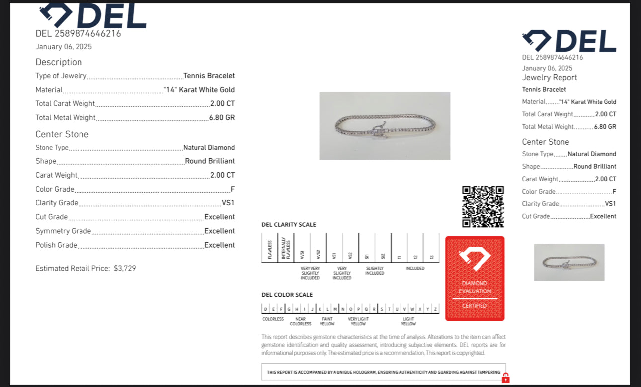 צמיד טניס יהלומים טבעיים 2.00 קראט יהלומים צבע F ניקיון VS זהב 14K לבן מק״ט 812