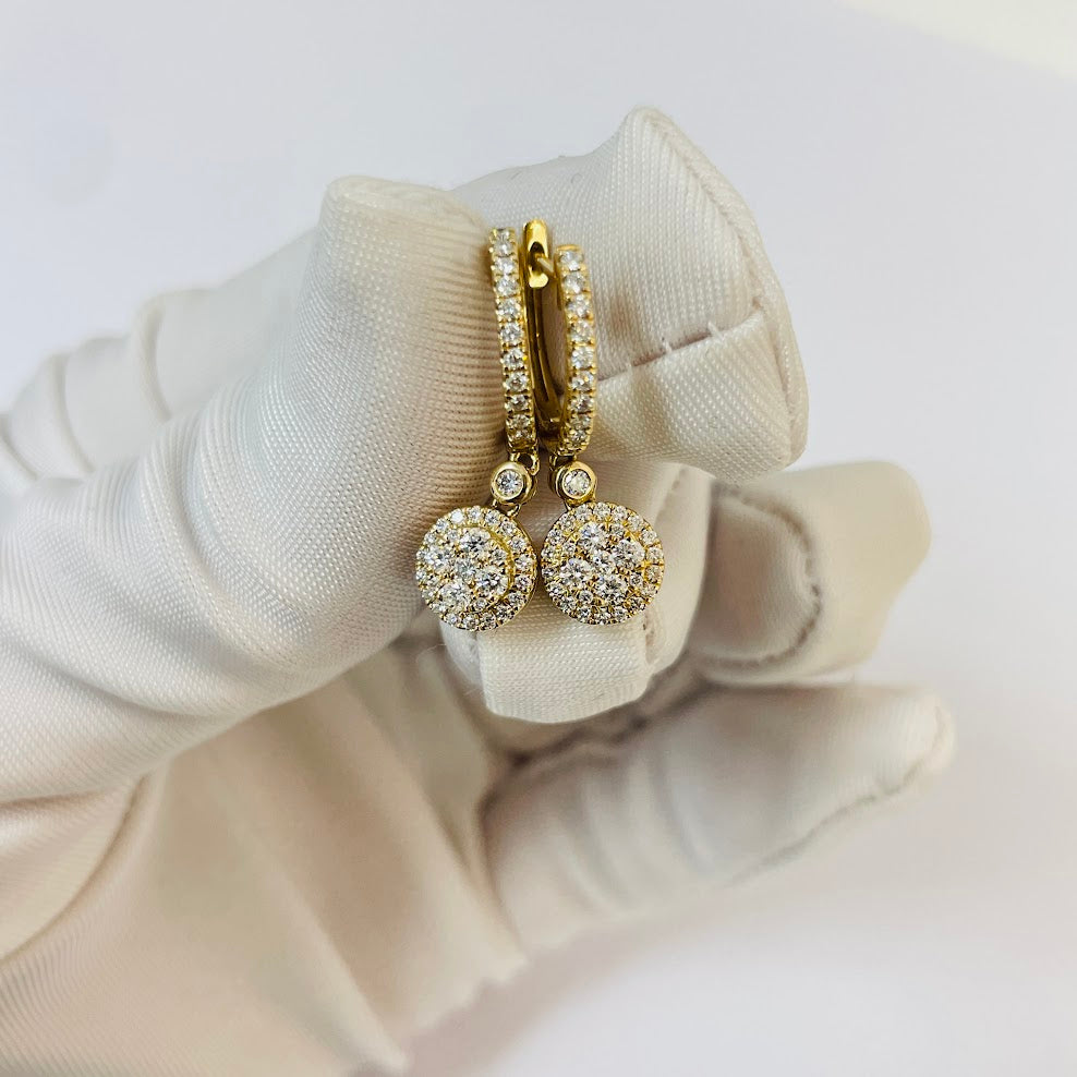 עגילים תלויים זהב צהוב 14K משובצים 0.61 יהלומים טבעיים צבע F נקיון VS מק"ט 390