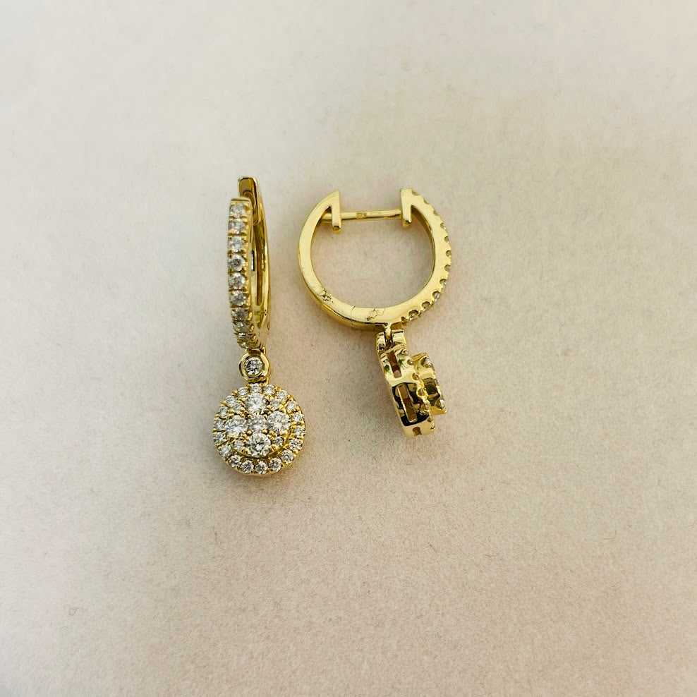 עגילים תלויים זהב צהוב 14K משובצים 0.61 יהלומים טבעיים צבע F נקיון VS מק"ט 390