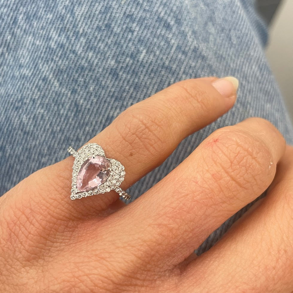 טבעת זהב לבן 14K משובצת 0.25 קראט יהלומים טבעיים צבע F נקיון VS אבן מרכזית מורגנייט ורודה 1.00 קראט מק"ט R2181