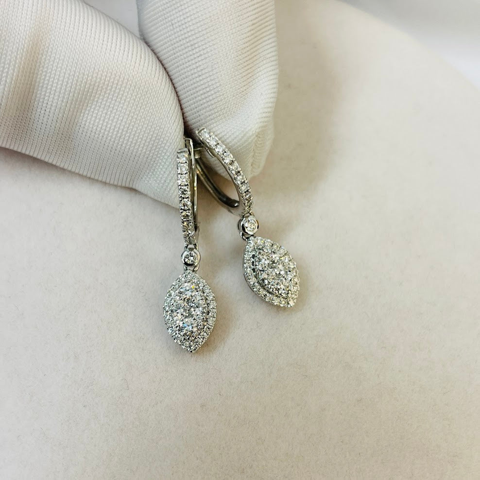 עגילים תלויים זהב לבן 14K משובצים 0.77 יהלומים טבעיים צבע F נקיון VS מק"ט 387