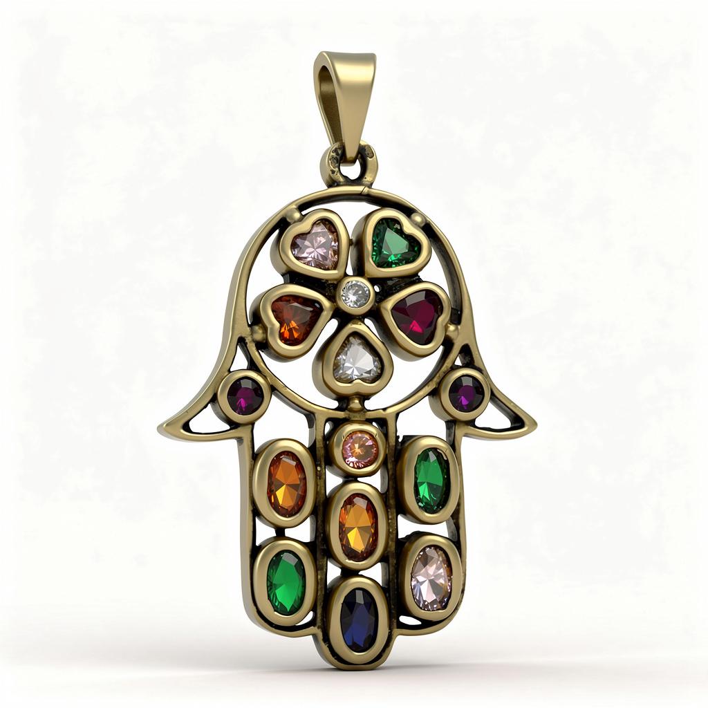תליון חמסה וינטג׳ גדול משובץ אבנים צבעוניות זהב 14K צהוב מק״ט 815