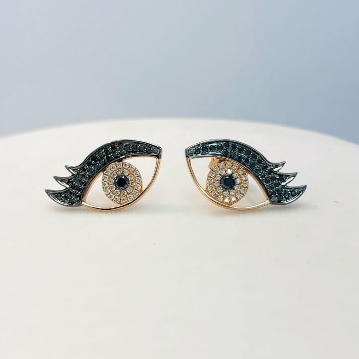 עגילי יהלומים טבעיים שחורים ולבנים 0.42 קראט בצורת עין זהב 14K רוז גולד (העגילים מגיעים עם סוגר) מק"ט 622