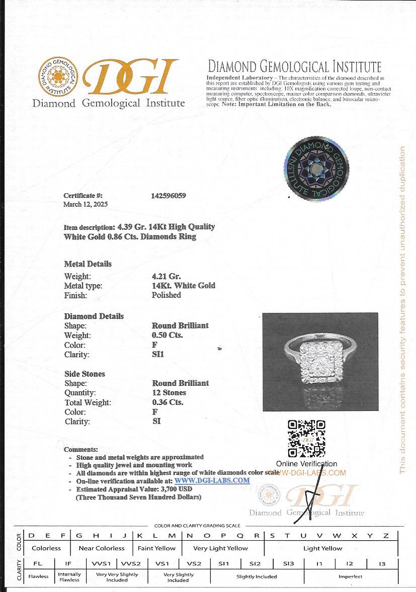 טבעת זהב לבן 14K משובצת יהלום מרכזי 0.50 קראט ויהלומים טבעיים 0.36 קראט צבע F נקיון VS מק"ט 417