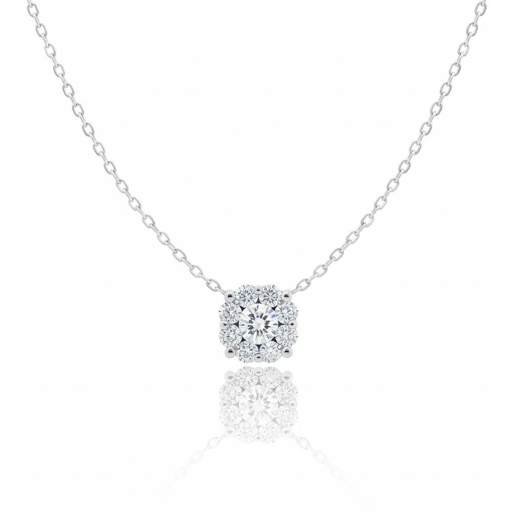 שרשרת היילו פרח יהלומים טבעיים 0.35 קראט צבע F ניקיון VS זהב 14K לבן מק״ט Y4