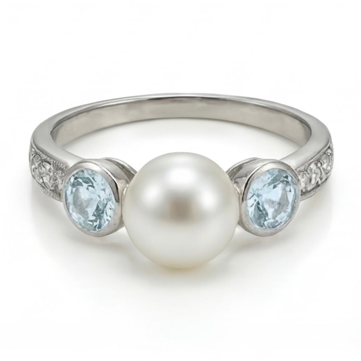 טבעת זהב 14K לבן פנינה אבני חן ויהלומים מק״ט 968