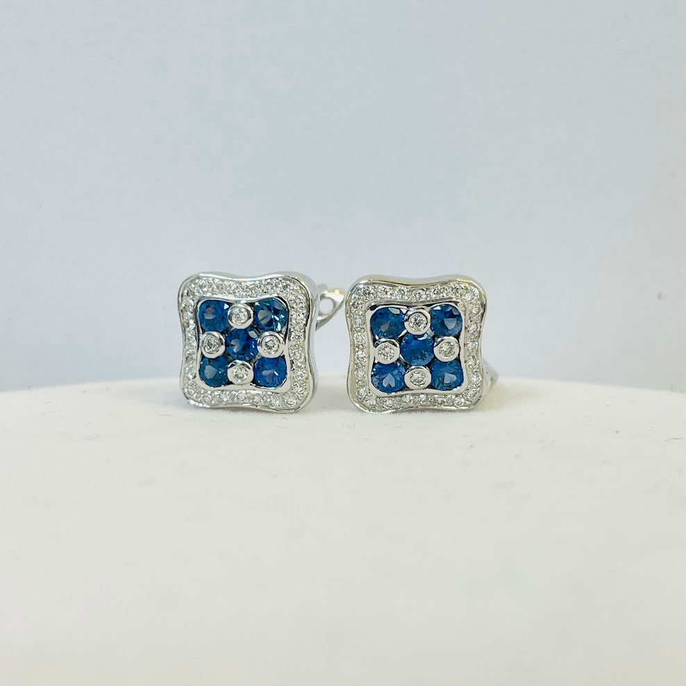 עגילי זהב לבן 18K משובצים 0.40 קראט יהלומים טבעיים צבע F נקיון VS ו0.90 קראט אבני חן ספיר מק"ט 147