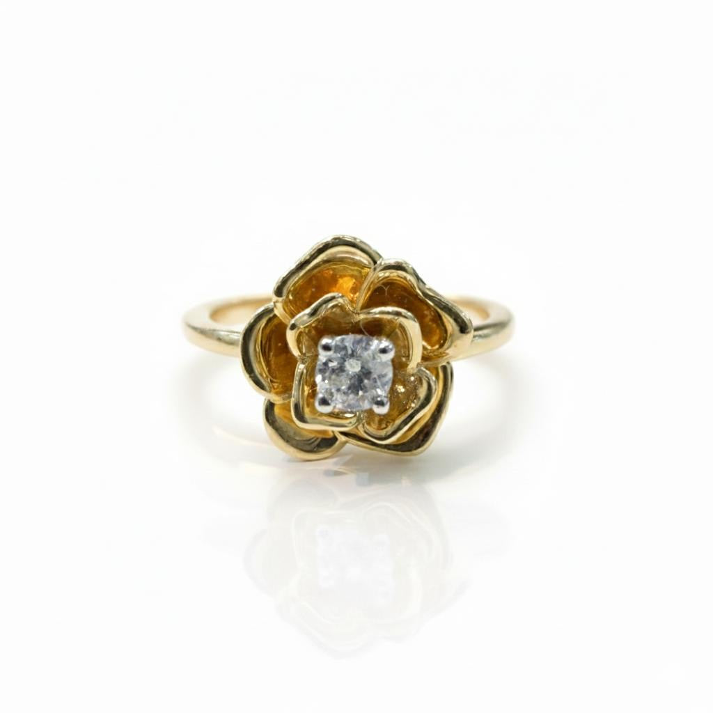 טבעת זהב 14K פרח יהלום טבעי 0.10 קראט מק״ט MN20