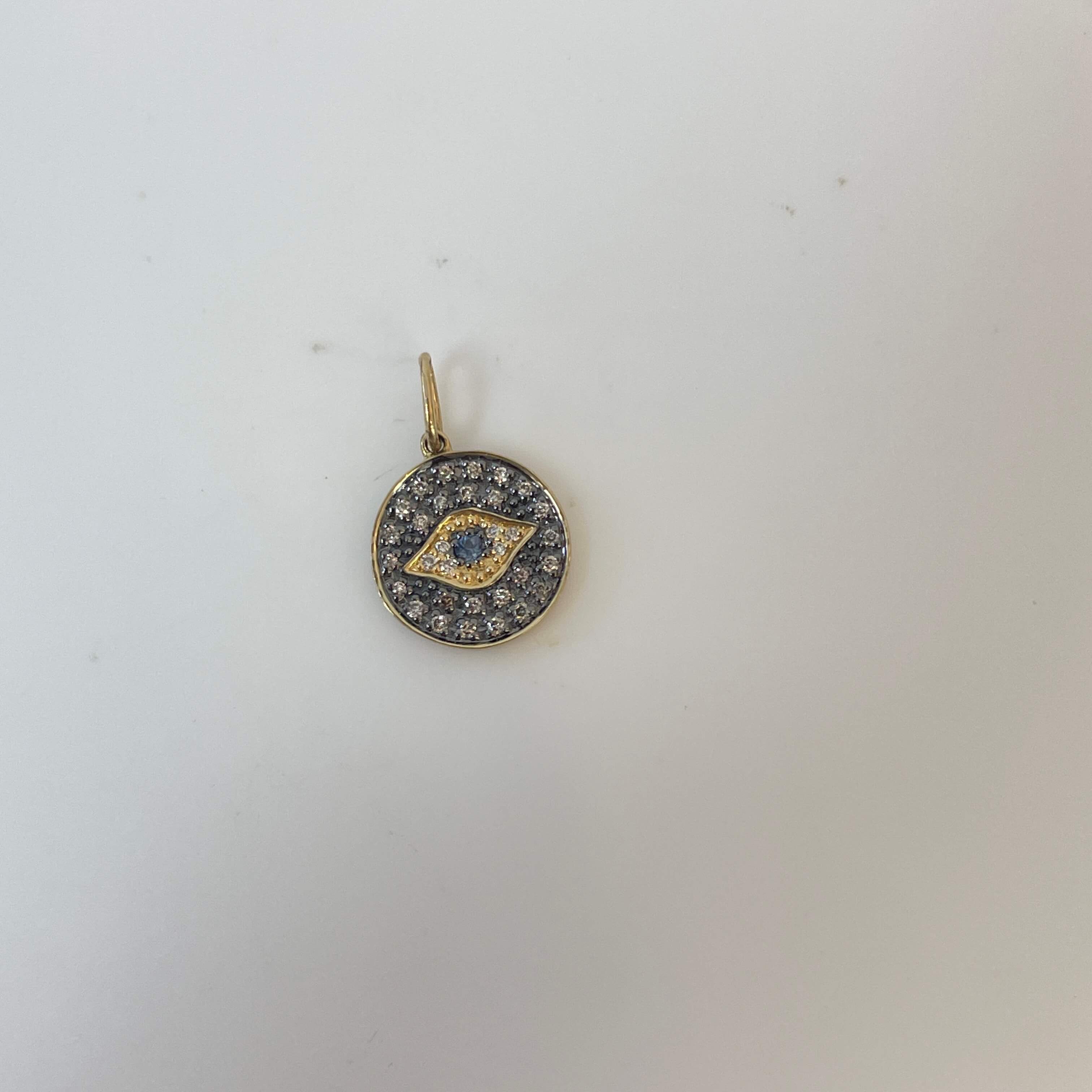 תליון עגול בצורת עין יהלומים ואבן ספיר כחולה טבעיים 0.11 קראט יהלומים צבע F ניקיון VS זהב 14K צהוב מק״ט 644