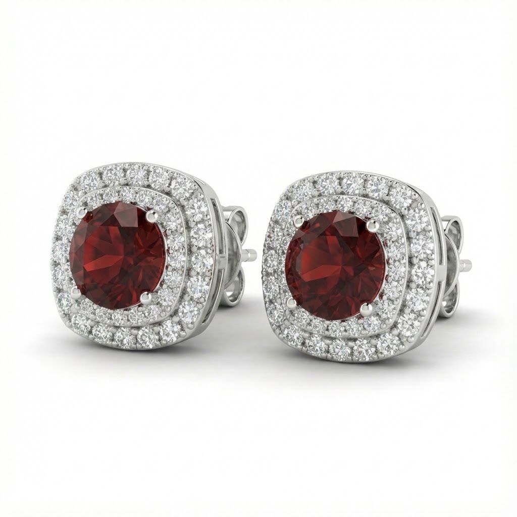 עגילים זהב 18K אבני גרנט ויהלומים מק״ט 504