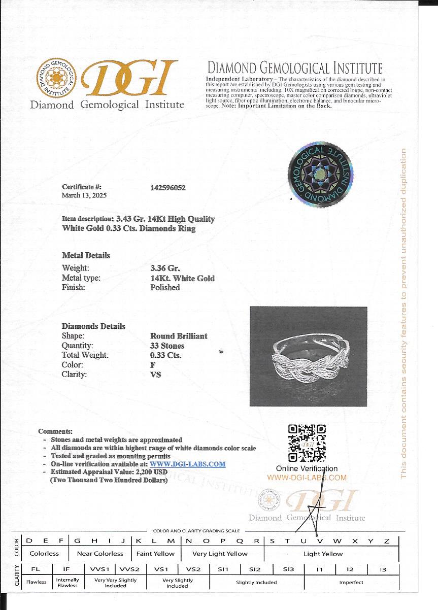 טבעת יהלומים טבעיים 0.33 קראט צבע F ניקיון VS זהב 14K לבן מק"ט 420