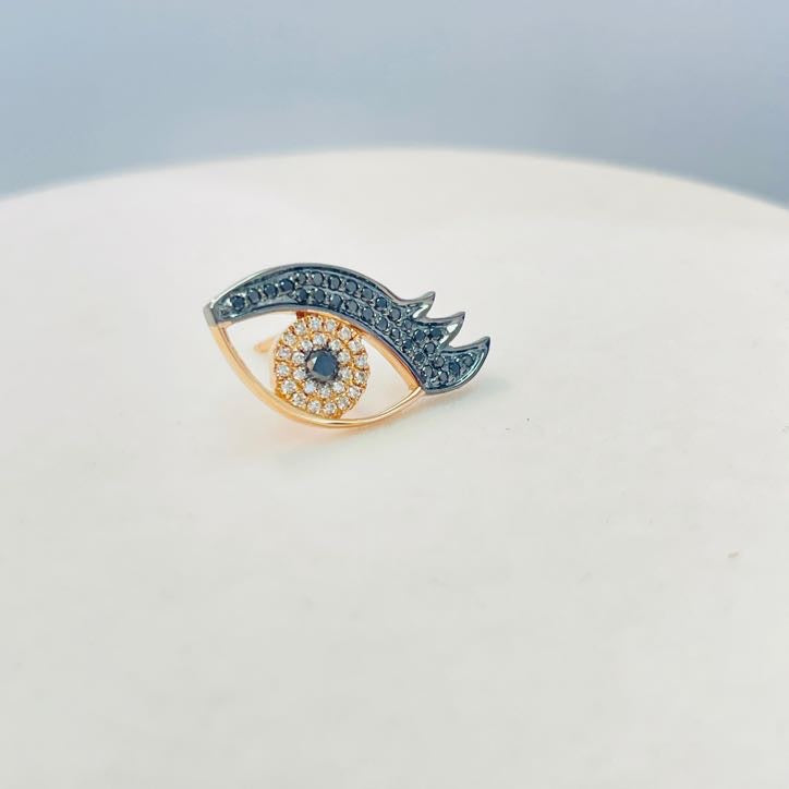 עגיל יהלומים טבעיים שחורים ולבנים בודד 0.21 קראט בצורת עין זהב 14K רוז גולד (העגיל מגיע עם סוגר) מק"ט 623