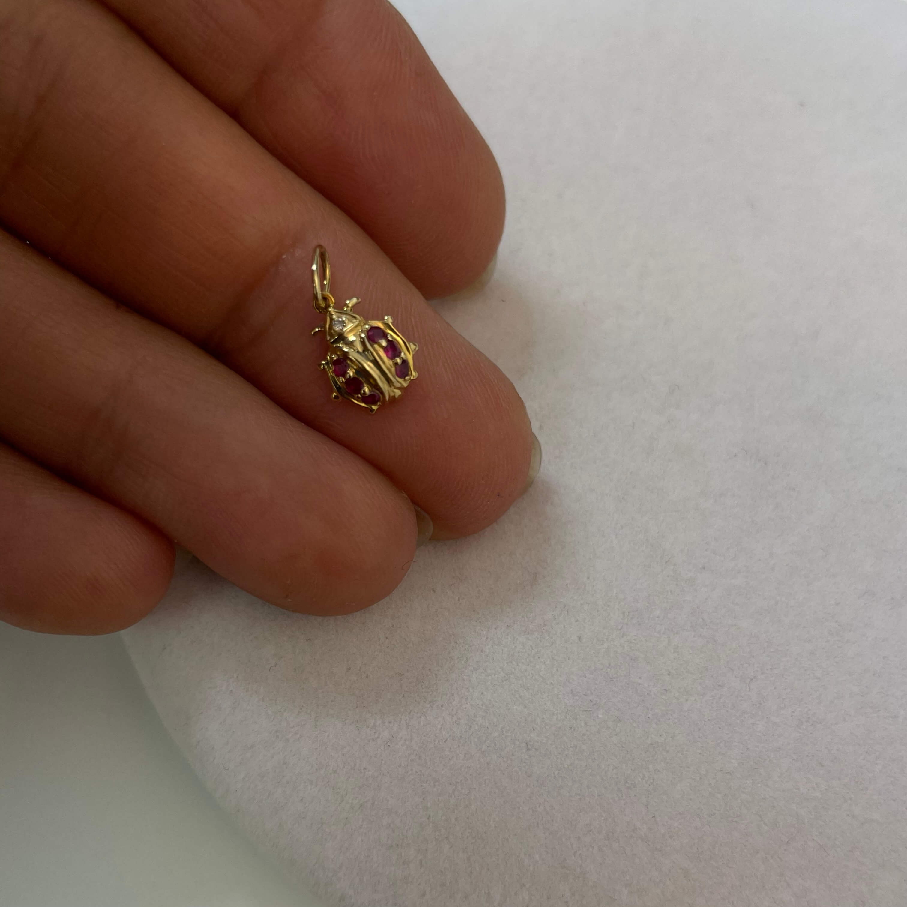 תליון חיפושית משובץ אבני רוב ויהלום טבעיים 0.09 קראט זהב 14K צהוב מק״ט 720