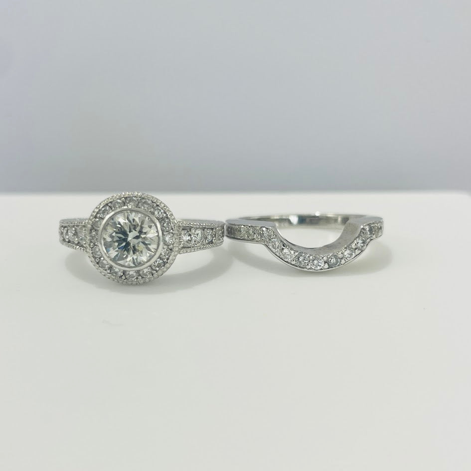 סט טבעות יהלומים טבעיים יהלום מרכזי 1.00 קראט צבע F ניקיון SI ו0.25 קראט יהלומי צד צבע F ניקיון VS שילוב זהב 14K ופלטינה מק"ט 330