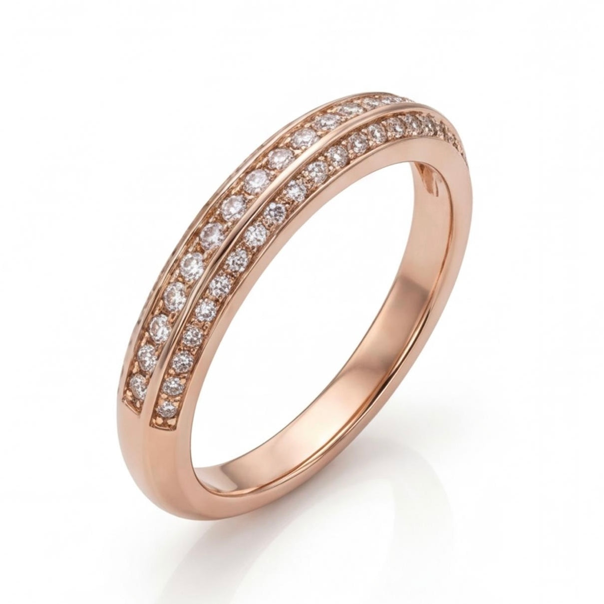 טבעת זהב 14K רוז גולד שני פסי יהלומים מק״ט 965