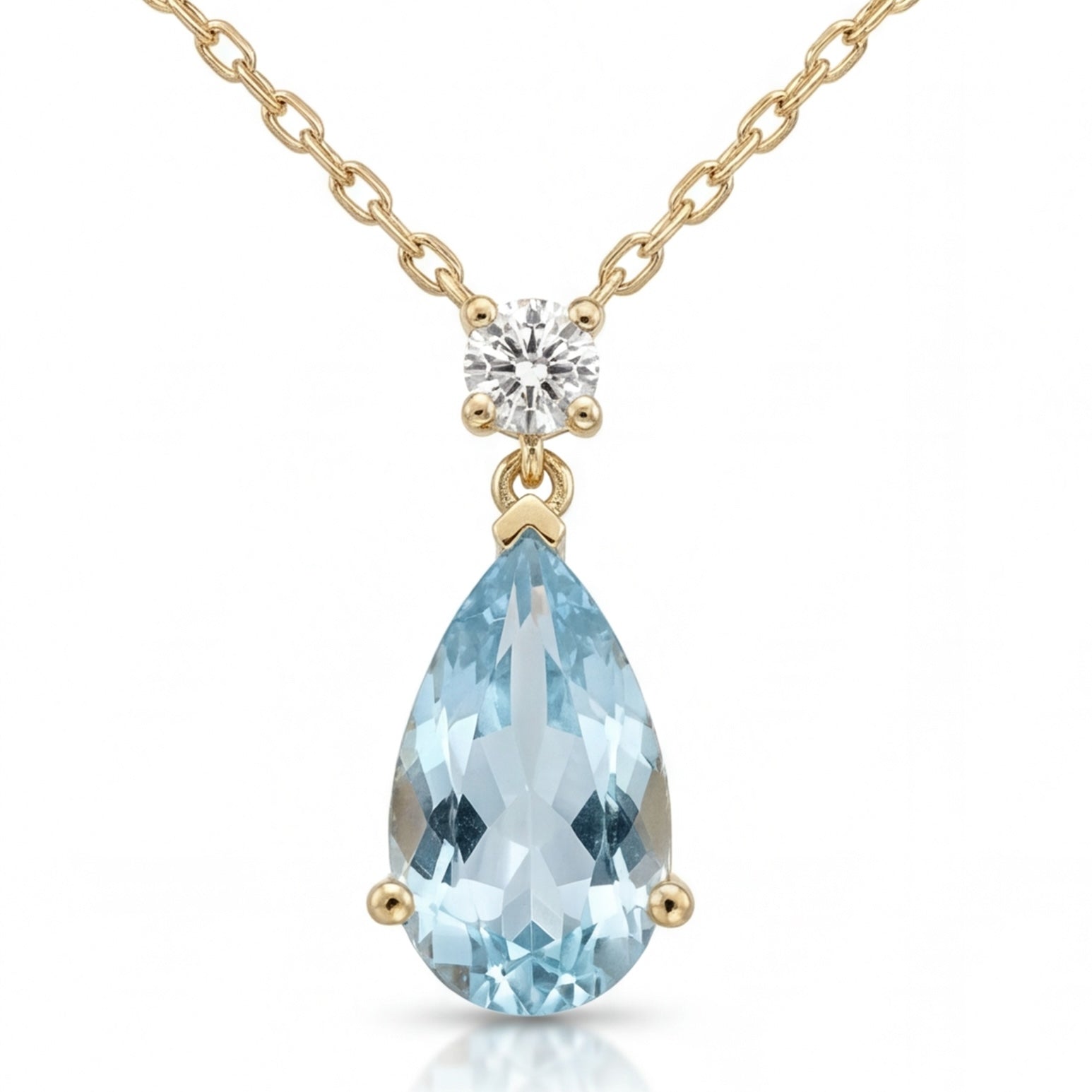 שרשרת זהב 14K צהוב אקוומרין טיפה ויהלום מק״ט 1009