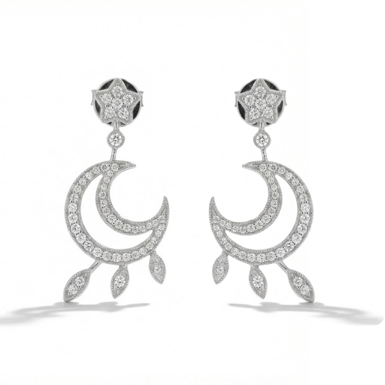 עגילי ירח וכוכב משובצים יהלומים טבעיים 0.72 קראט צבע F ניקיון VS זהב 14K לבן מק״ט J163