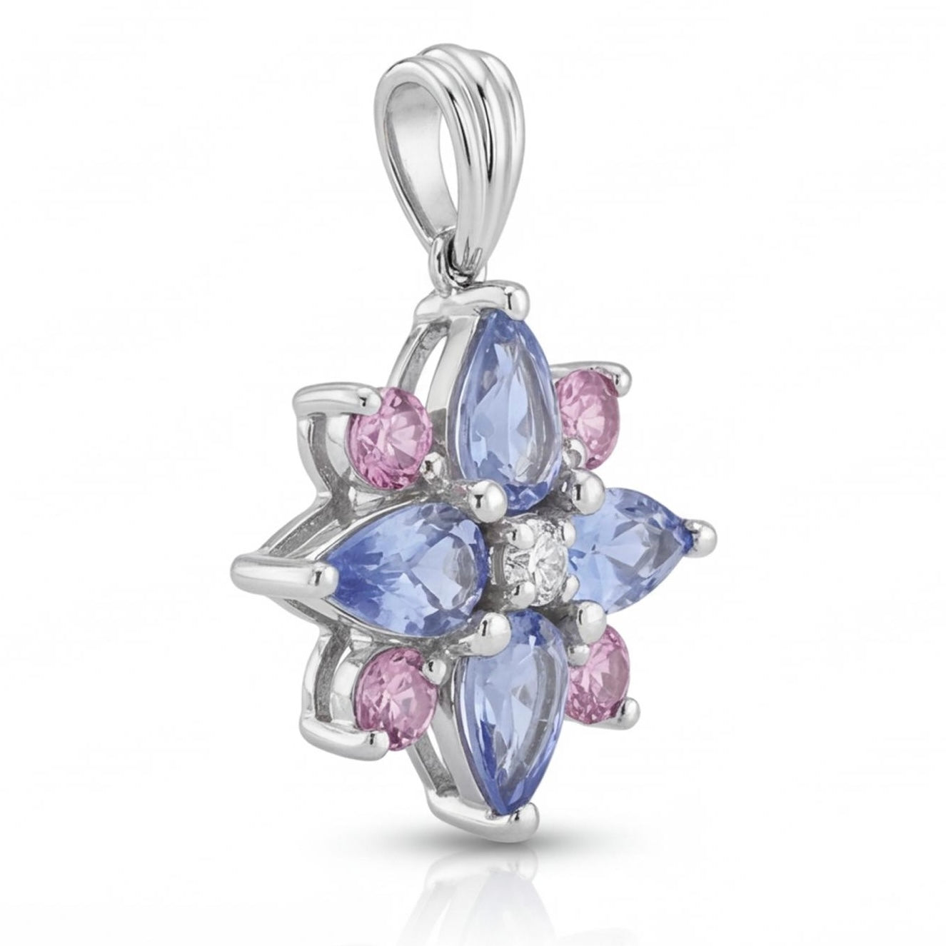 תליון פרח זהב 14K לבן יהלום ספירים וטורמלין מק״ט 931