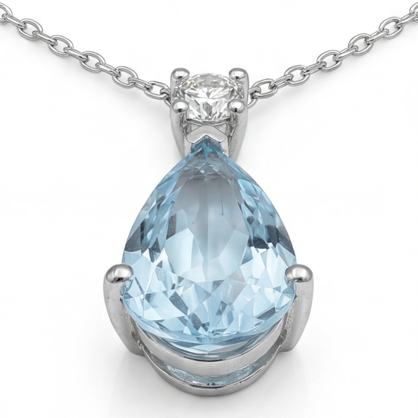 שרשרת זהב 14K לבן אקוומרין טיפה ויהלום מק״ט 1008